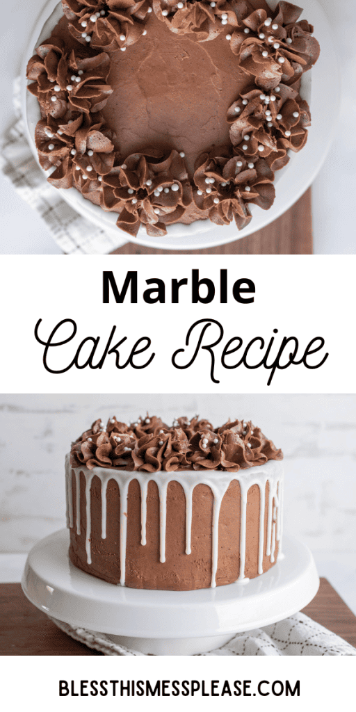 pin for marble cake recipe with images of the three layered marble cake