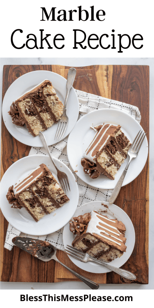 pin for marble cake recipe with images of the three layered marble cake