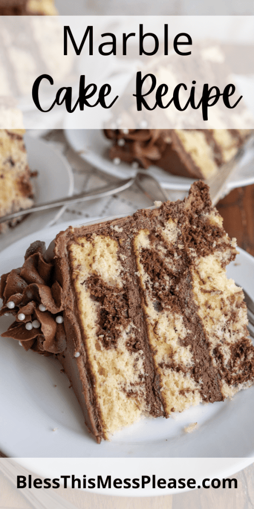 pin for marble cake recipe with images of the three layered marble cake