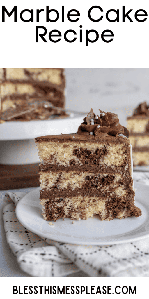 pin for marble cake recipe with images of the three layered marble cake