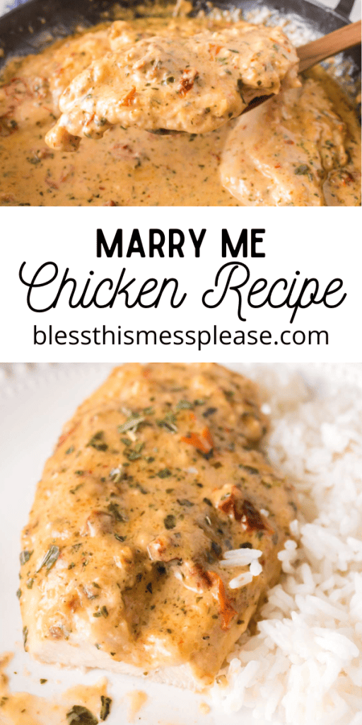 pin that reads marry me chicken recipe with images of sauce covered chicken breast over white rice