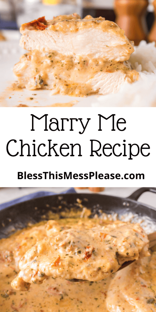 pin that reads marry me chicken recipe with images of sauce covered chicken breast over white rice