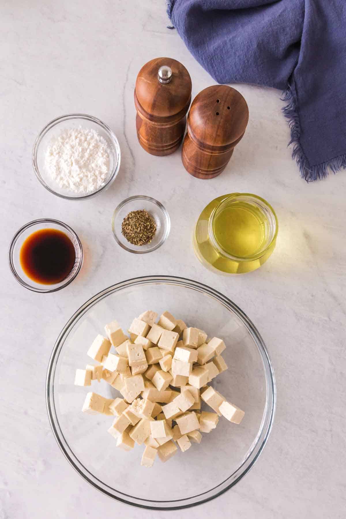 top view of ingredients for air fryer tofu