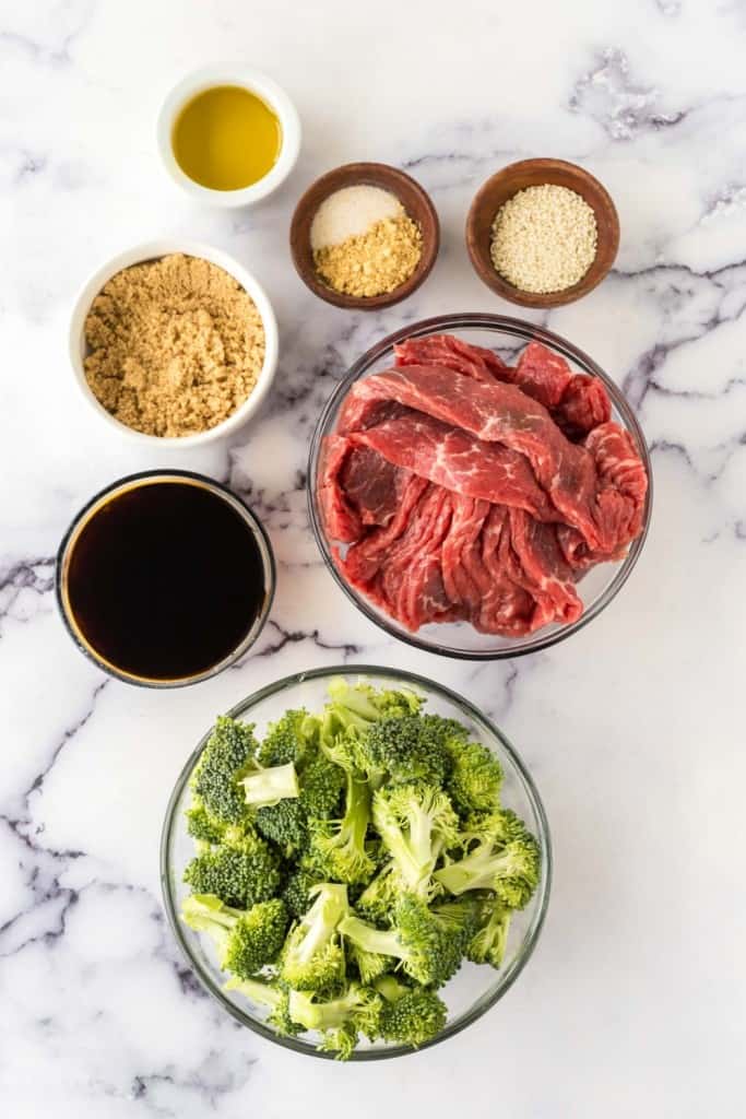 Ingredients for beef and broccoli stir fry.