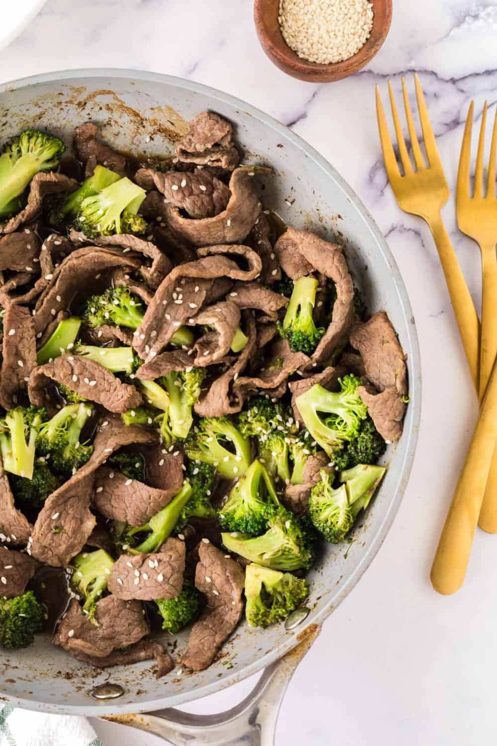 pan full of beef and broccoli stir fry
