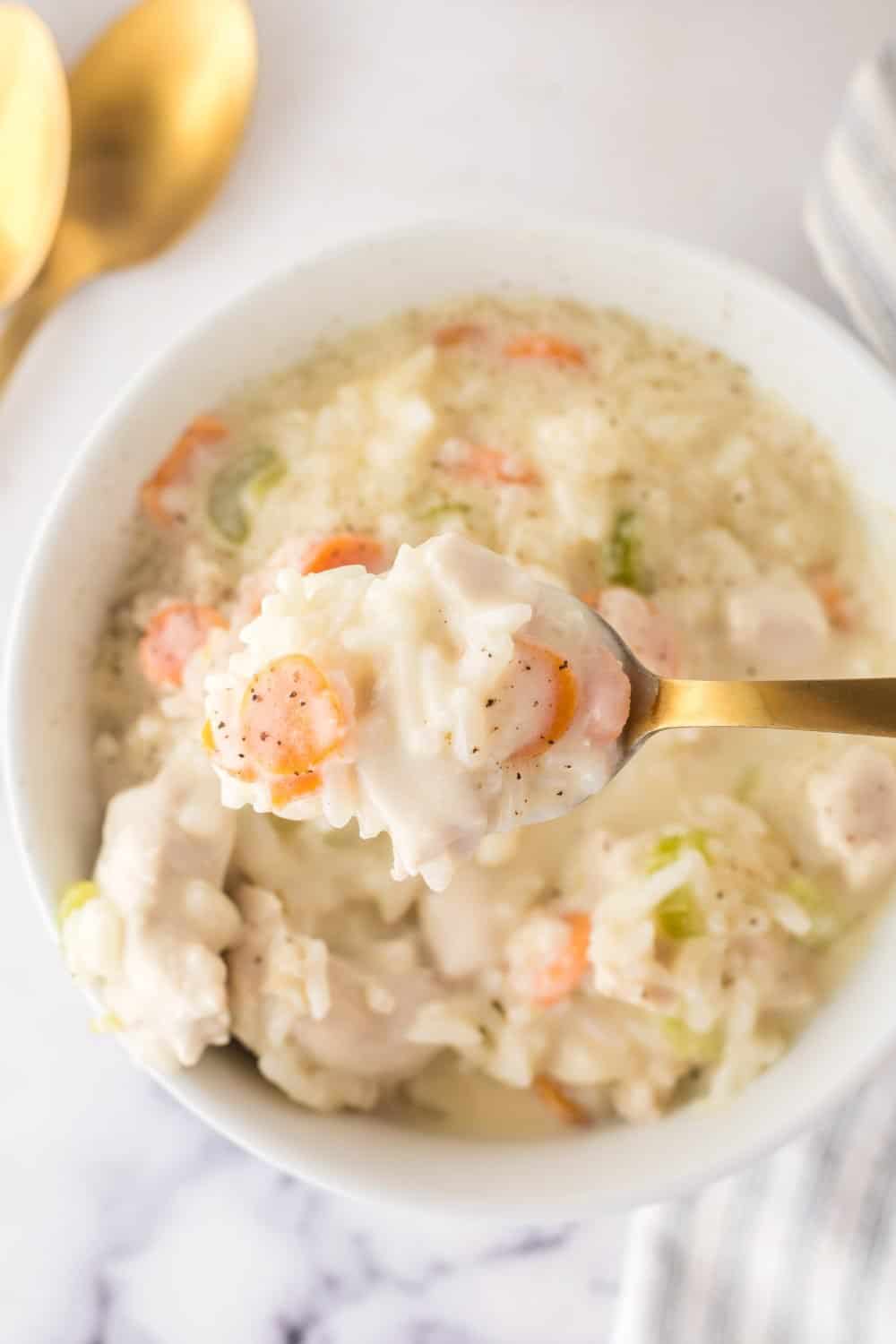 spoonful of chicken and rice soup over a serving bowl