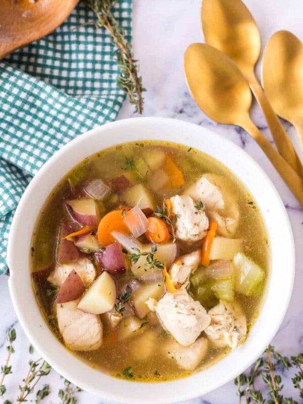 Top view of a bowl of chicken stew