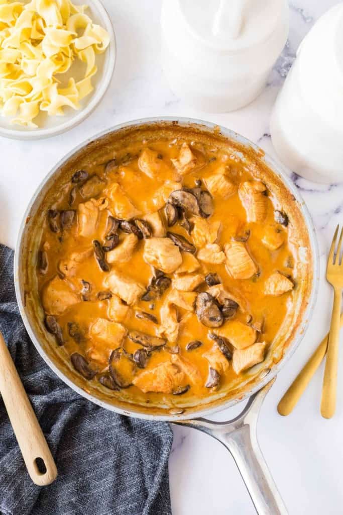 pan of chicken stroganoff top view