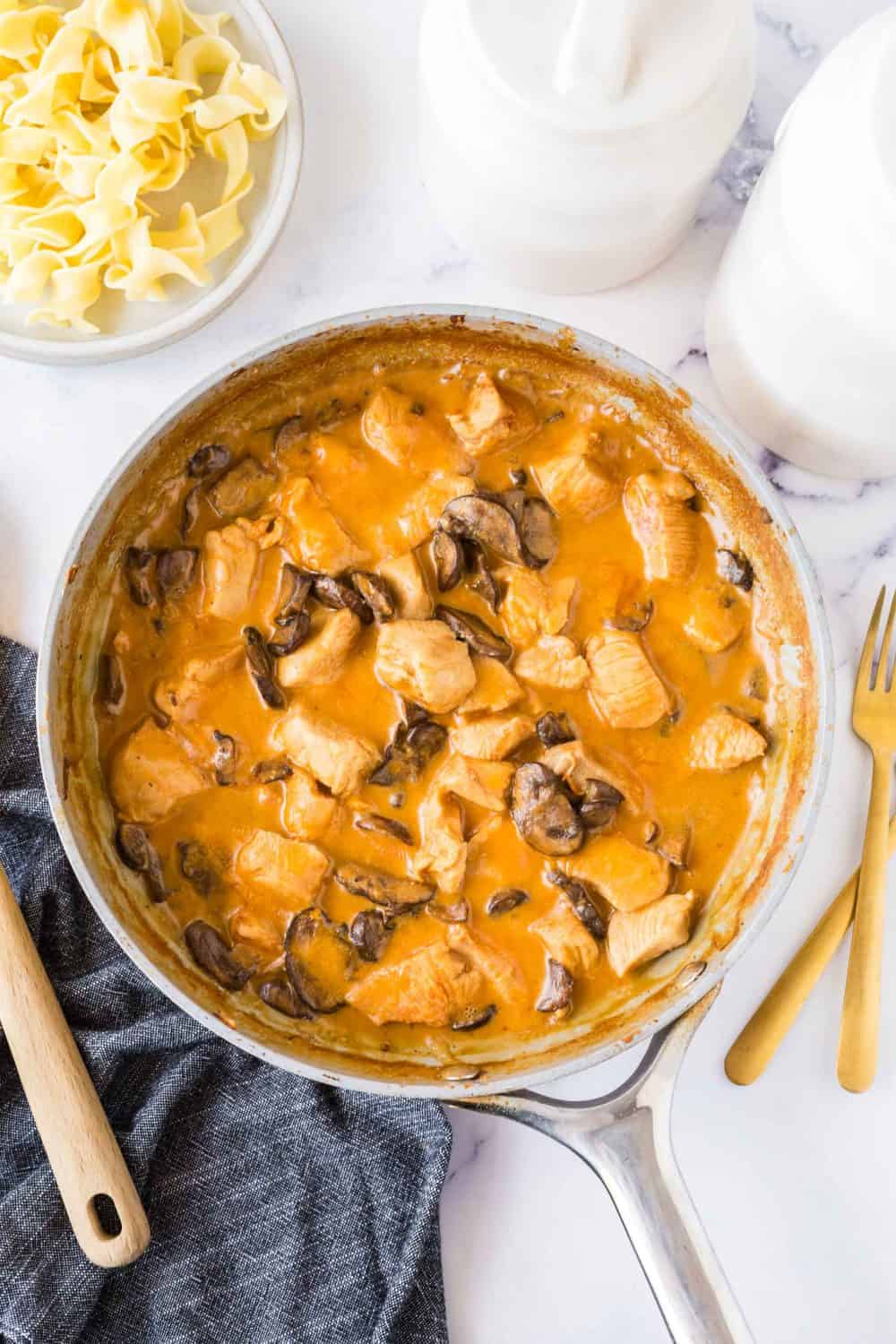 pan of chicken stroganoff top view