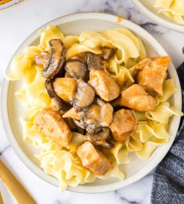 top view of plated chicken stroganoff