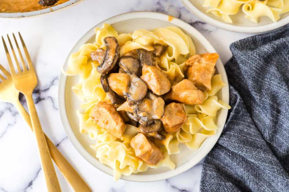 top view of plated chicken stroganoff