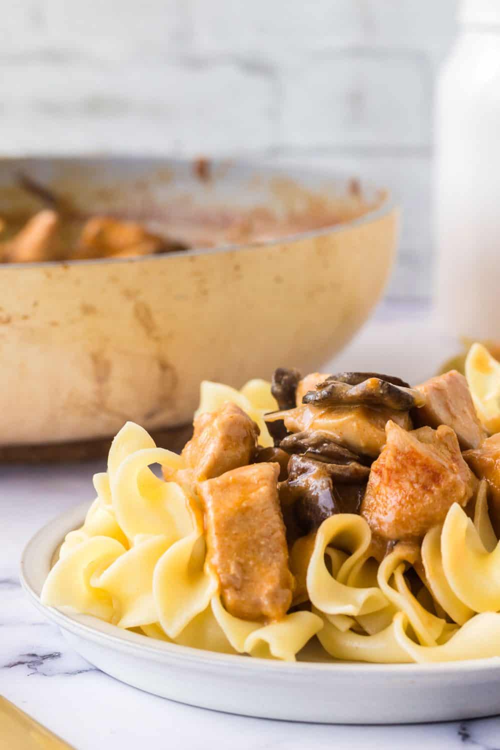 plated chicken stroganoff side view