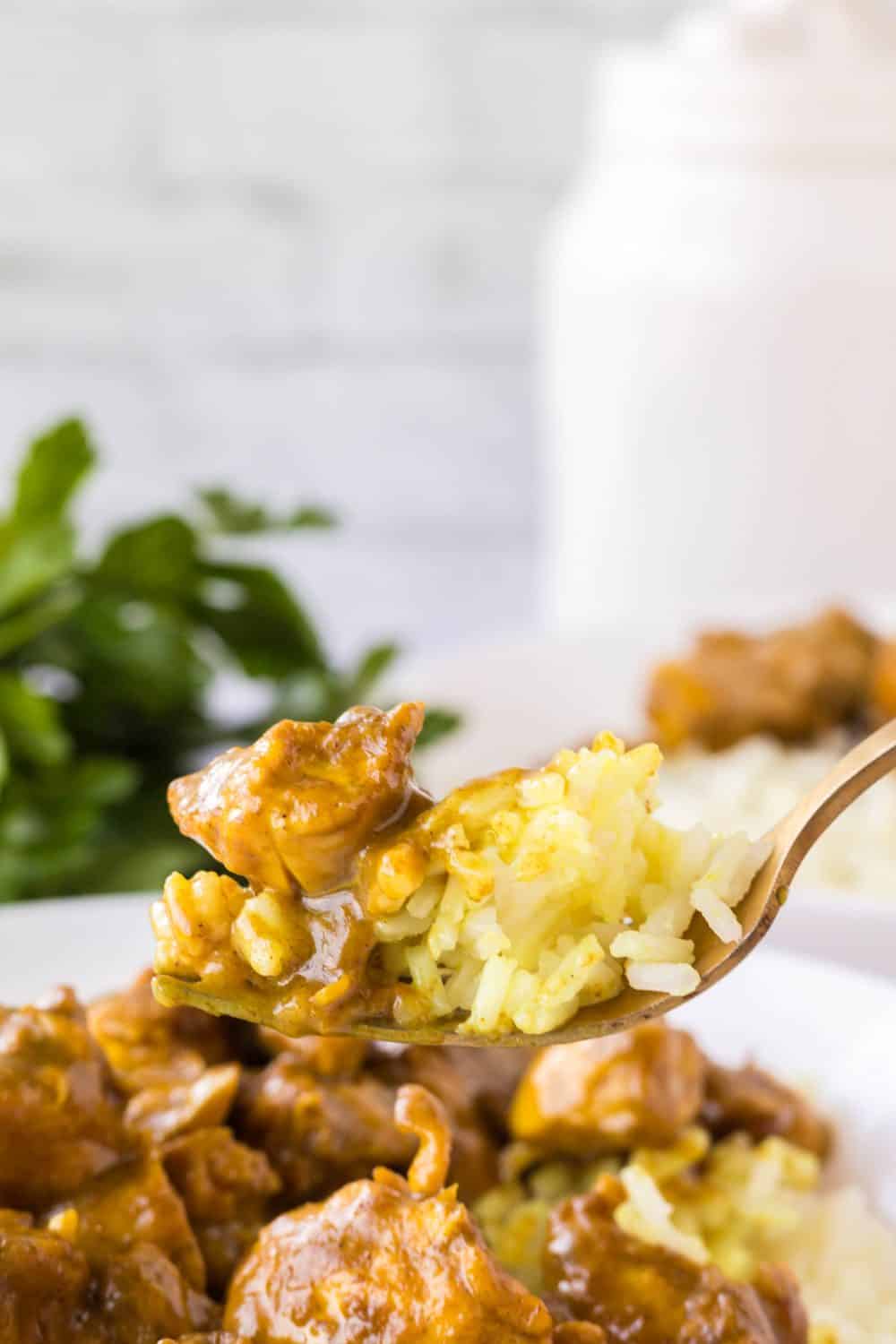 side view of a forkful of coconut chicken curry