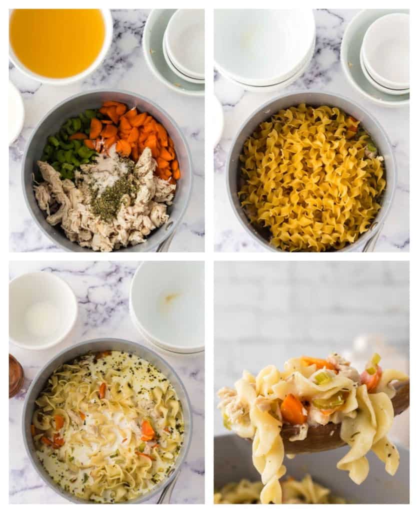4 photo collage of creamy chicken noodle soup
