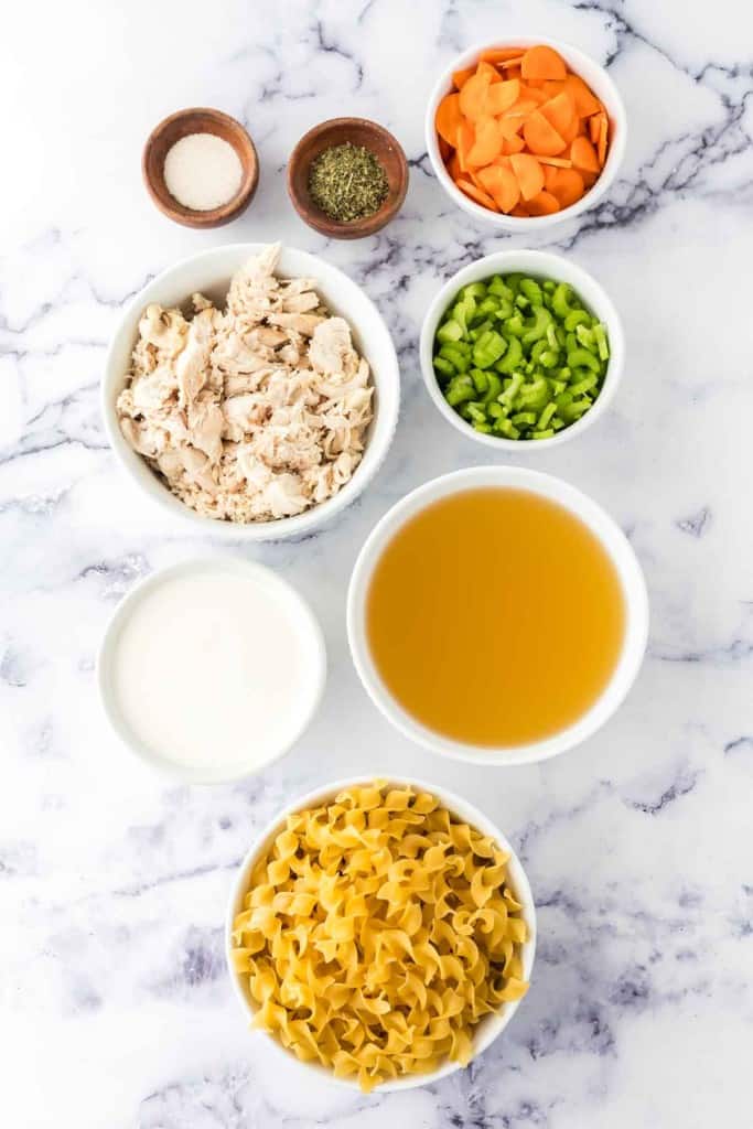 raw ingredients of creamy chicken noodle soup