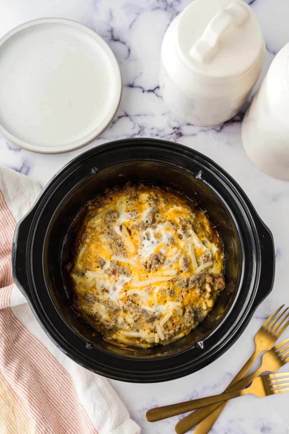 Breakfast casserole made in the crockpot.