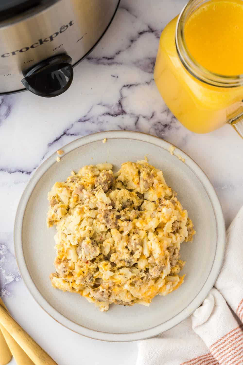 Breakfast casserole served on a plate.