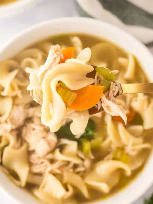 white bowl of turkey noodle soup served and ready to enjoy with a spoon