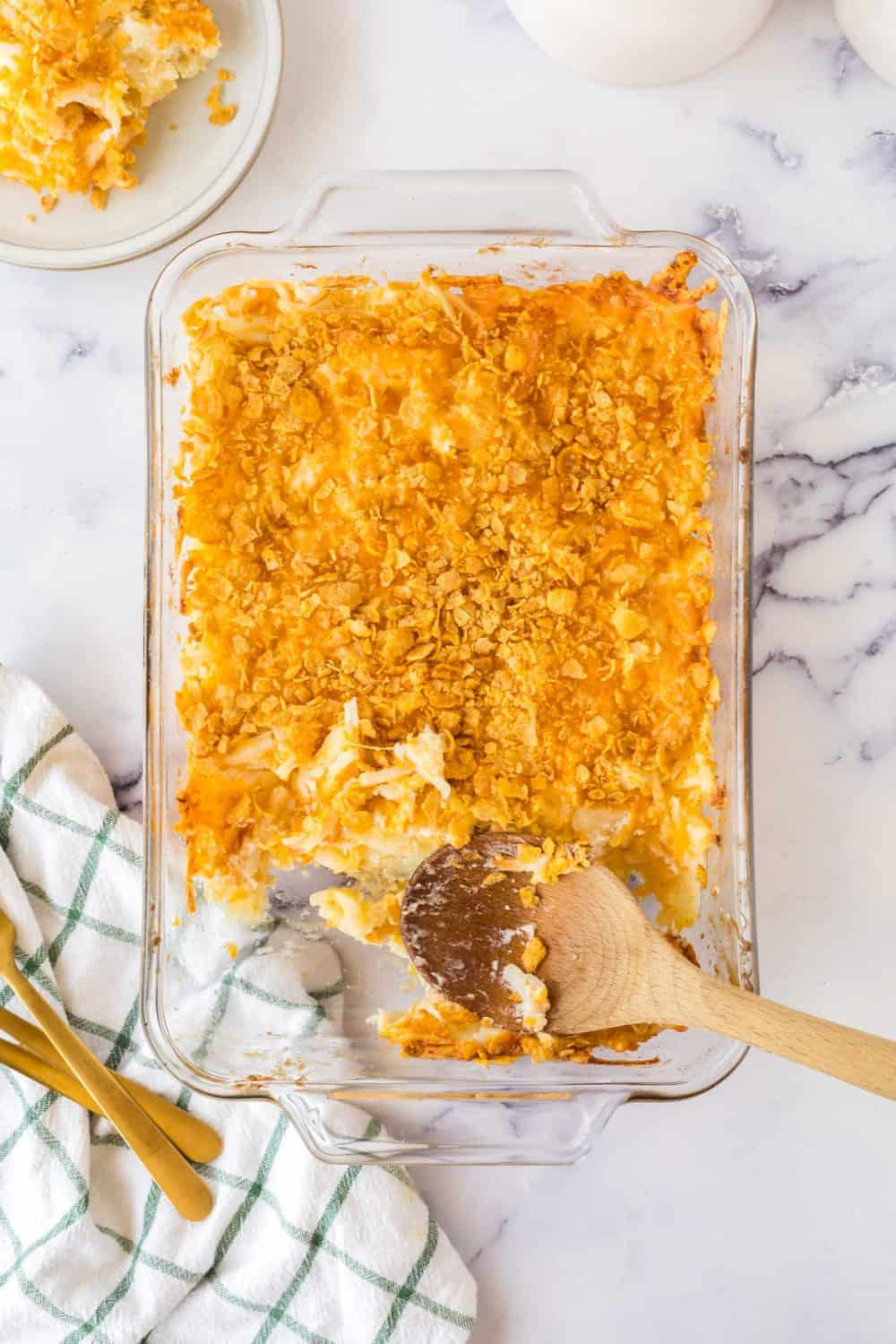 Casserole dish of funeral potatoes.