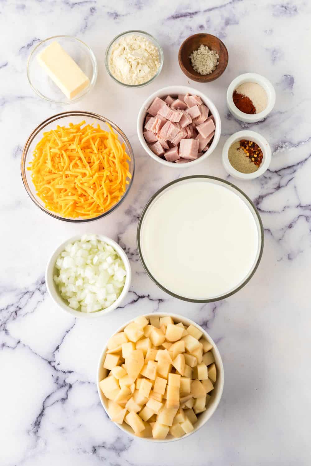 Ingredients for ham and potato casserole.