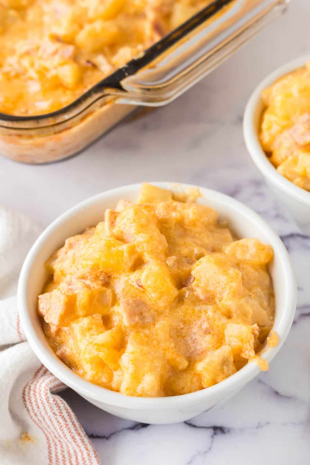 Bowl of ham and potato casserole.