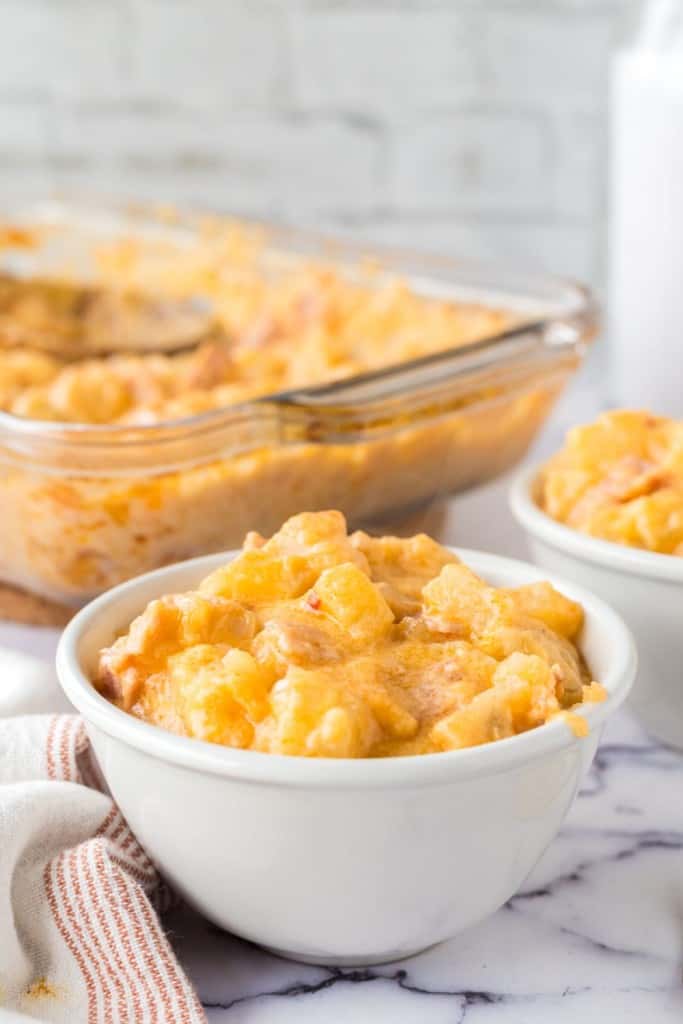 a dish of ham and potato casserole.