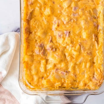 a baking dish of of ham and potato casserole