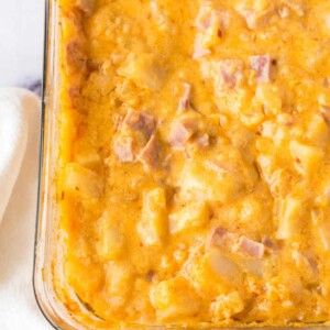 a baking dish of of ham and potato casserole