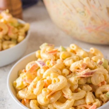 Hawaiian Macaroni Salad in a white serving bowl