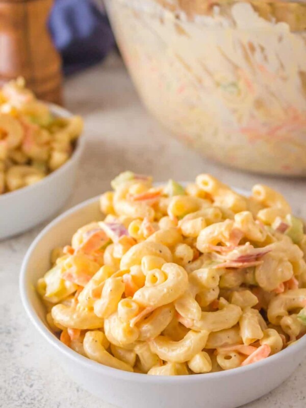 Hawaiian Macaroni Salad in a white serving bowl