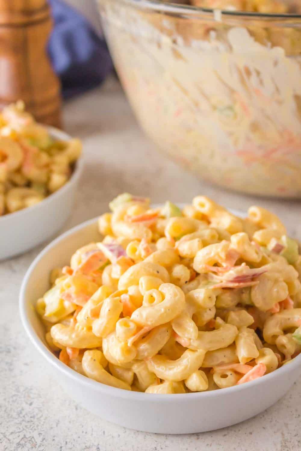 Hawaiian Macaroni Salad in a white serving bowl