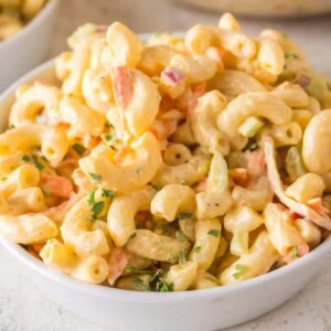 Hawaiian Macaroni Salad in a white serving bowl