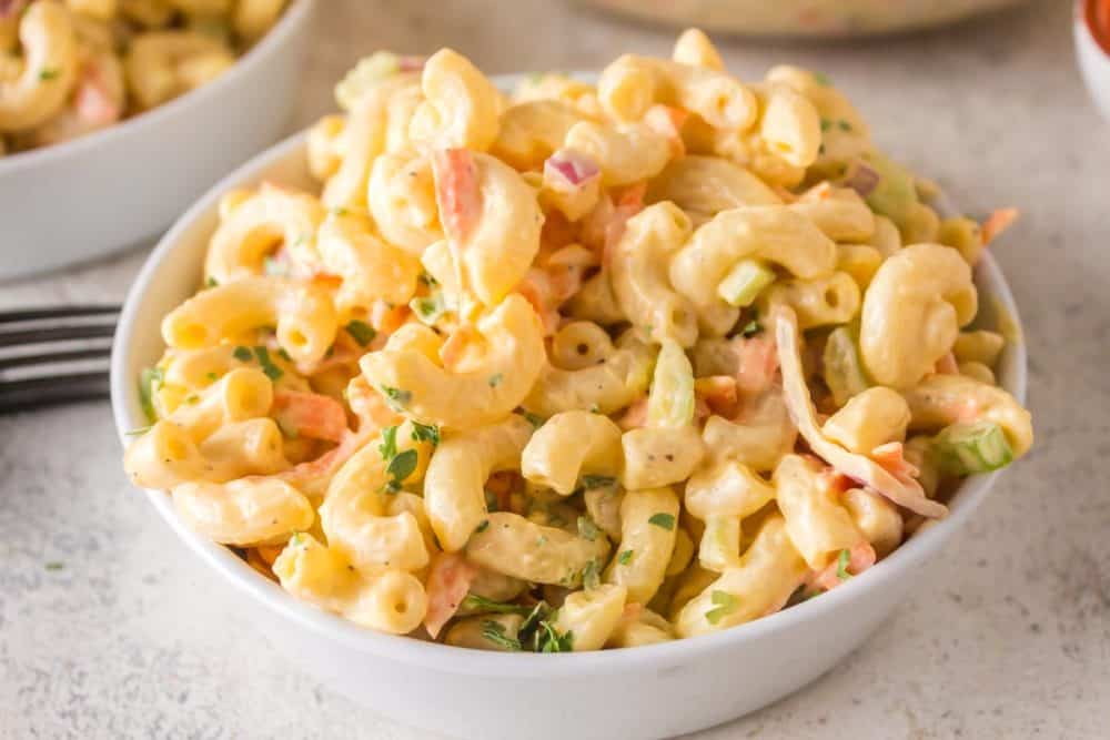 Hawaiian Macaroni Salad in a white serving bowl