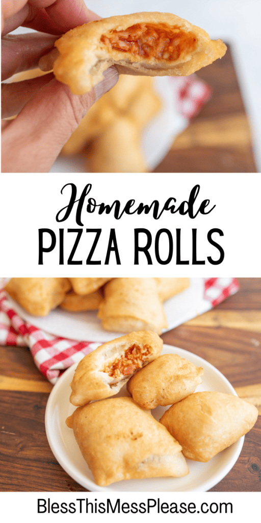 pin that reads homemade pizza rolls with images of fried puffy pizza filled dough balls