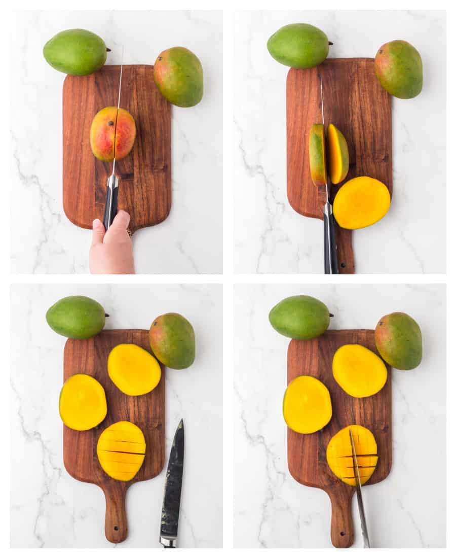 4 photo collage how to cut a mango