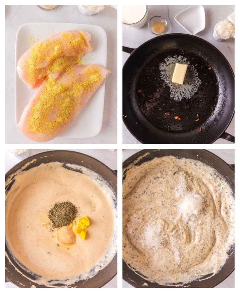 4 photo collage of lemon chicken pasta