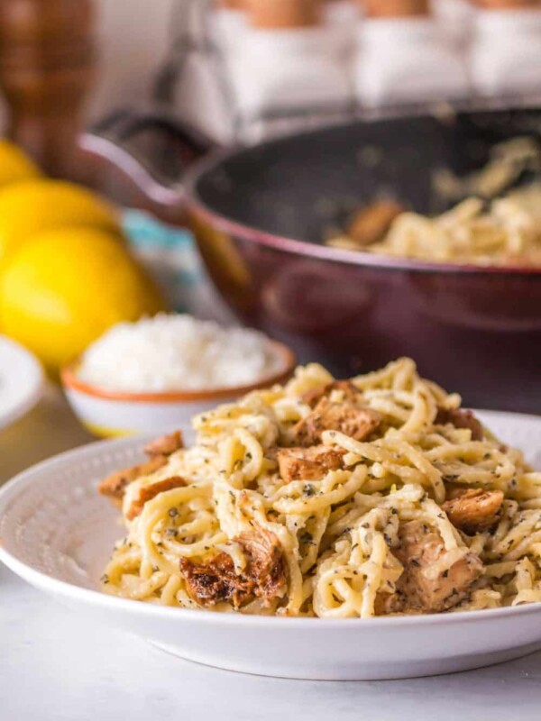 lemon chicken pasta recipe served in a white bowl