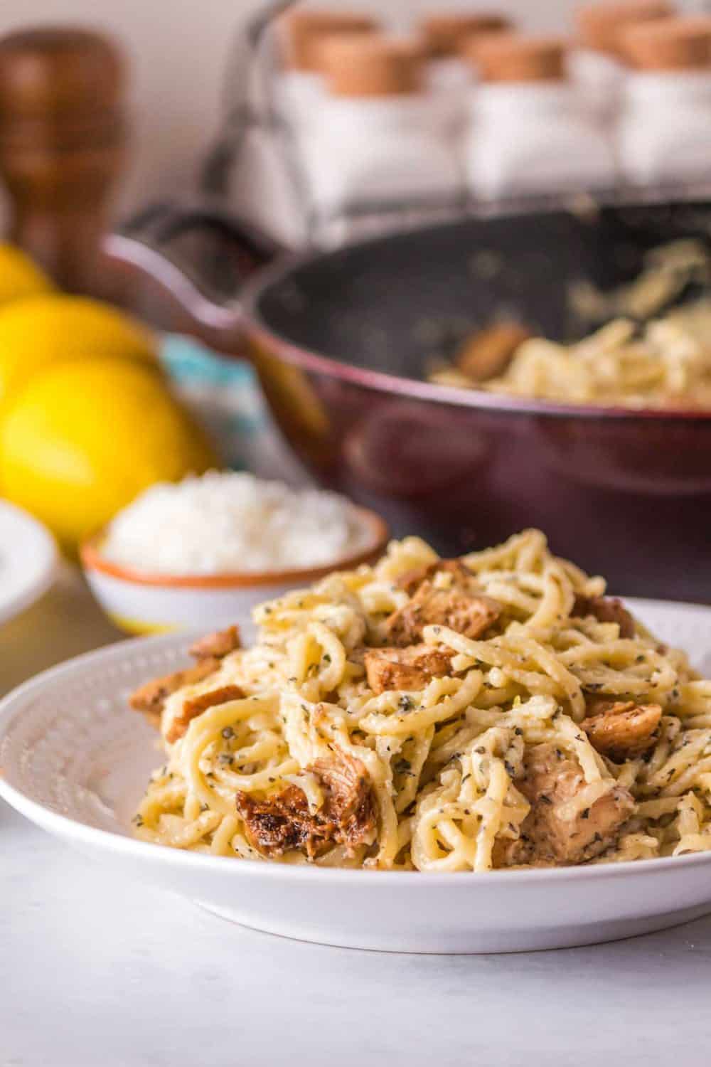 lemon chicken pasta recipe served in a white bowl