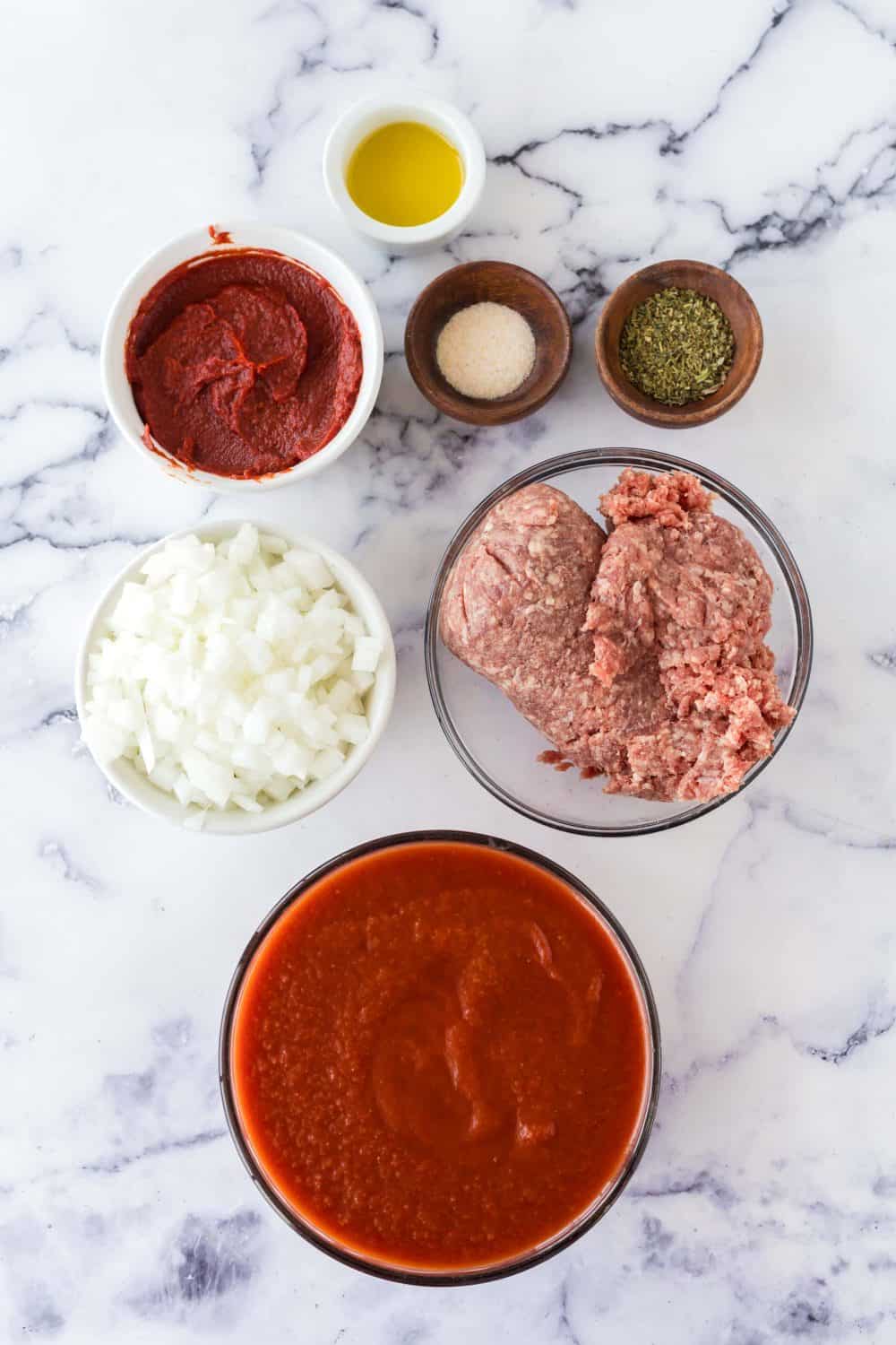 Ingredients for meat sauce.