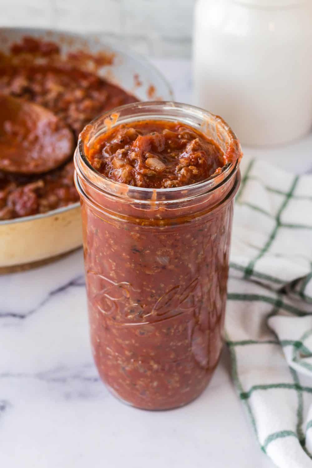 Jar of homemade meat sauce.