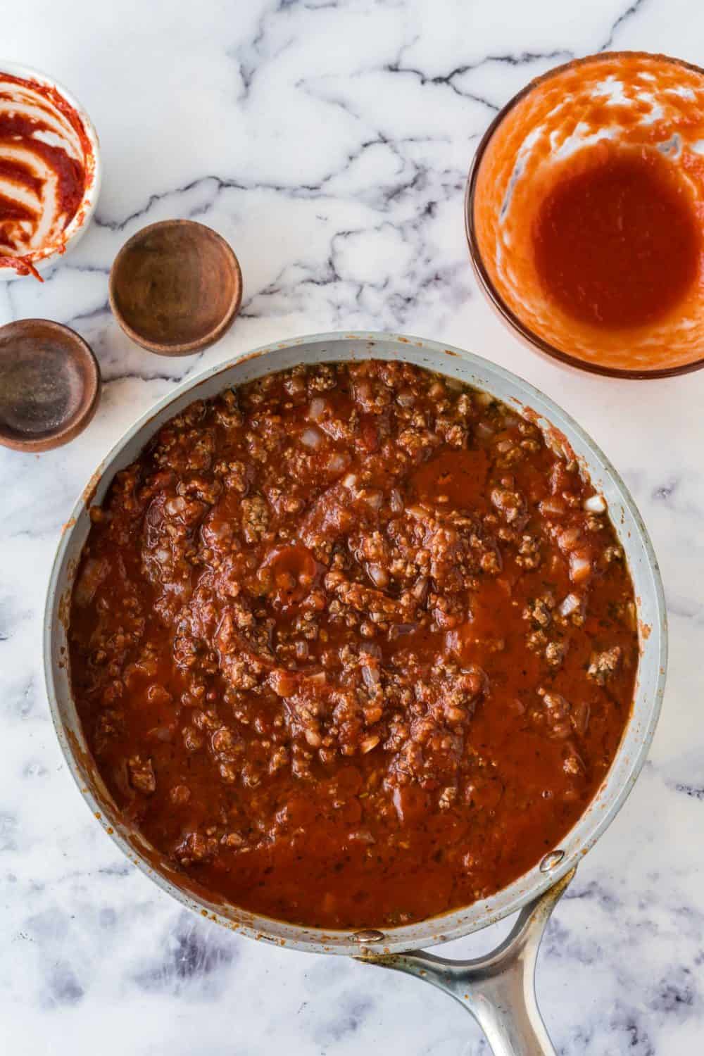 Top view of homemade meat sauce in a pan.