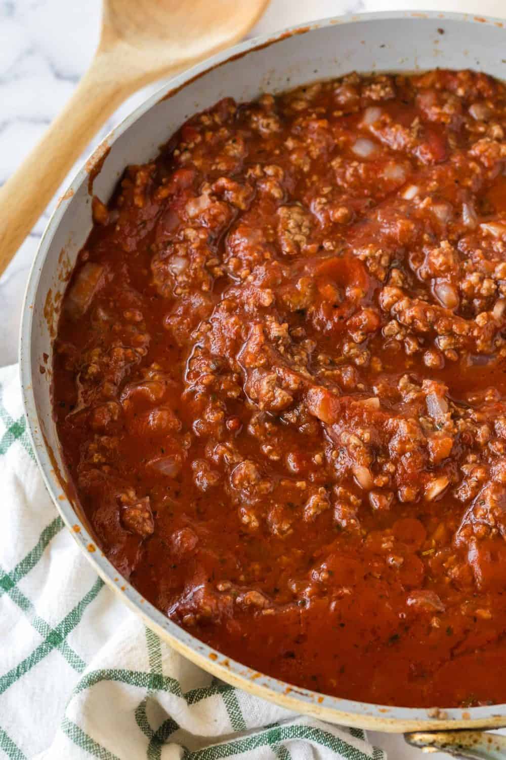 Big pan of meat sauce.