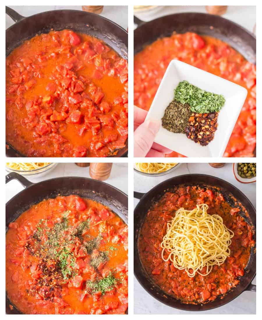 4 photo collage of pasta putenesca