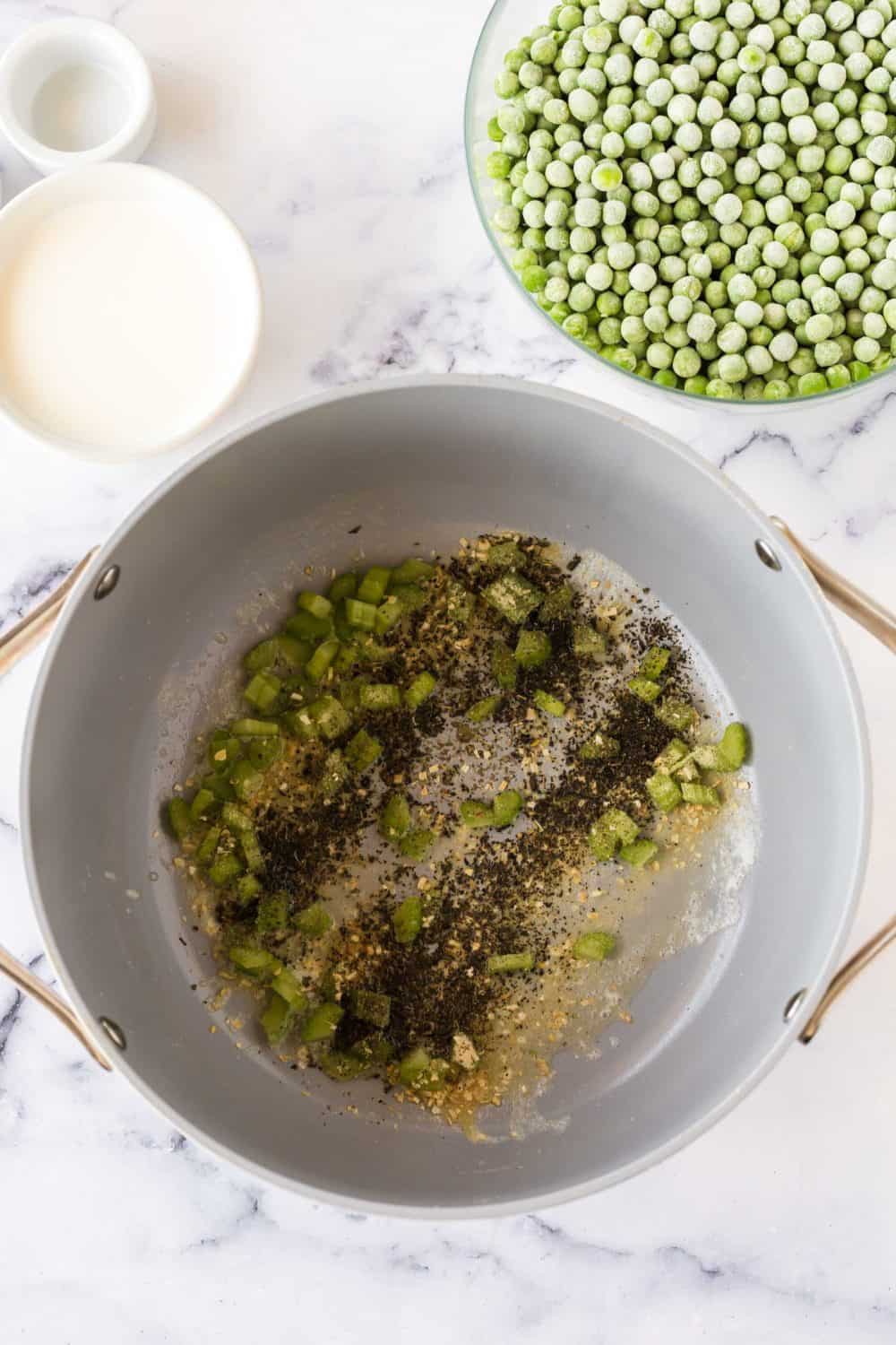 pea soup ingredients in a pot