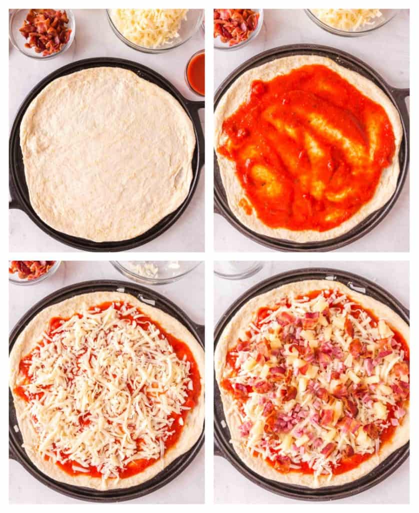 4 photo collage of pineapple pizza