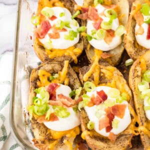 baked potato skins lined in a casserole dish