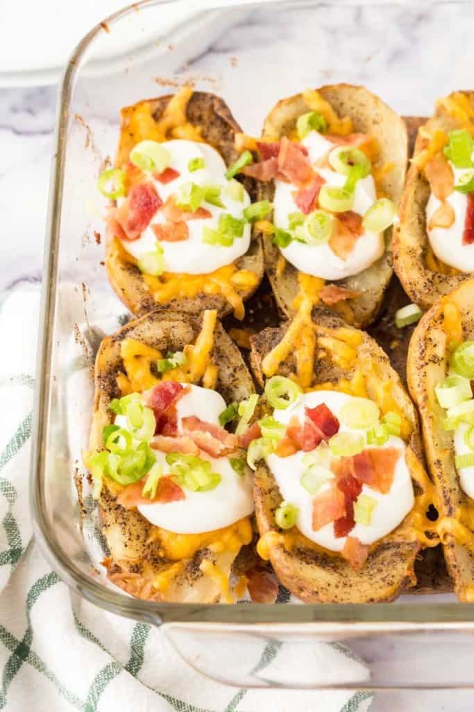 baked potato skins lined in a casserole dish