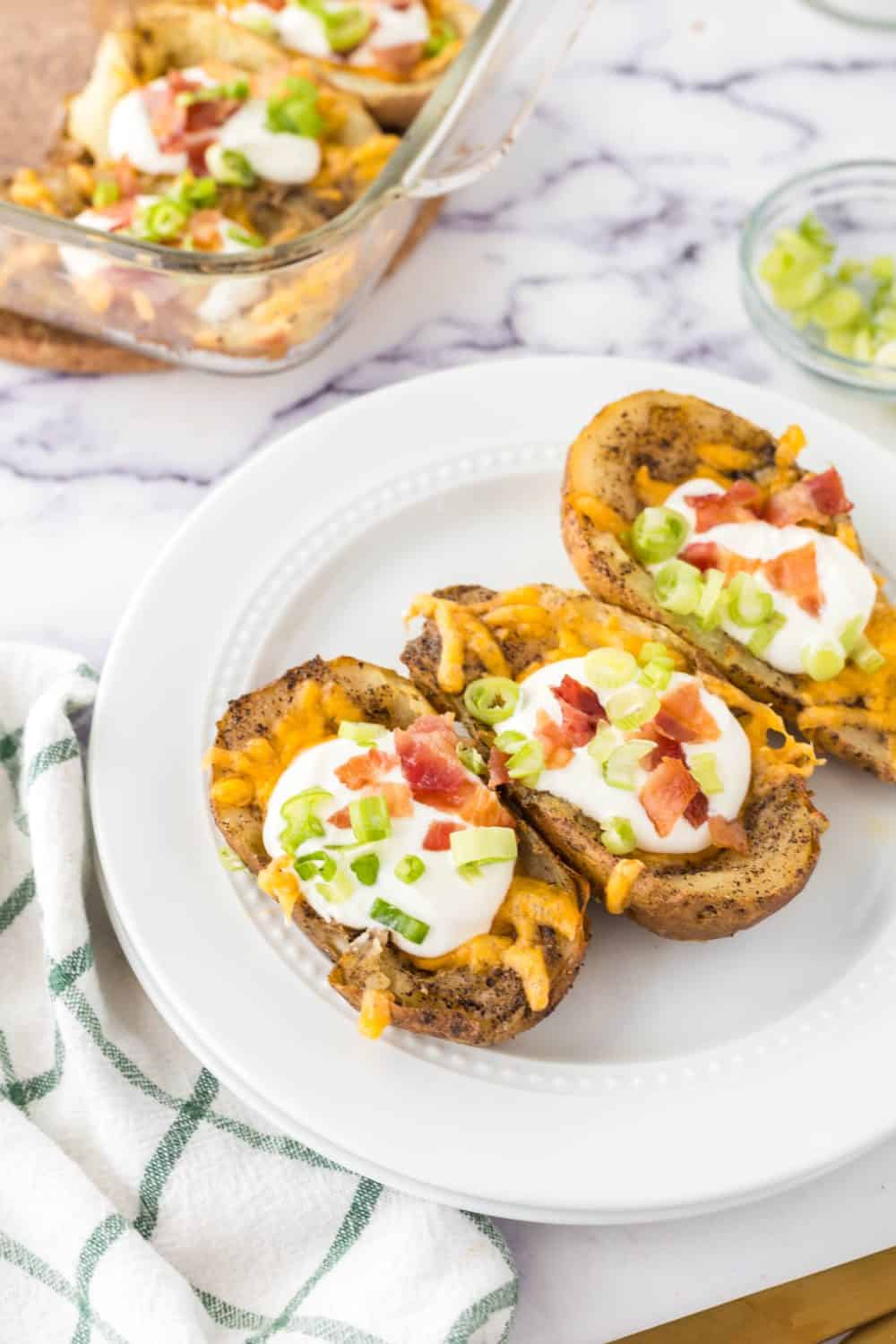 round plate with baked potato skins