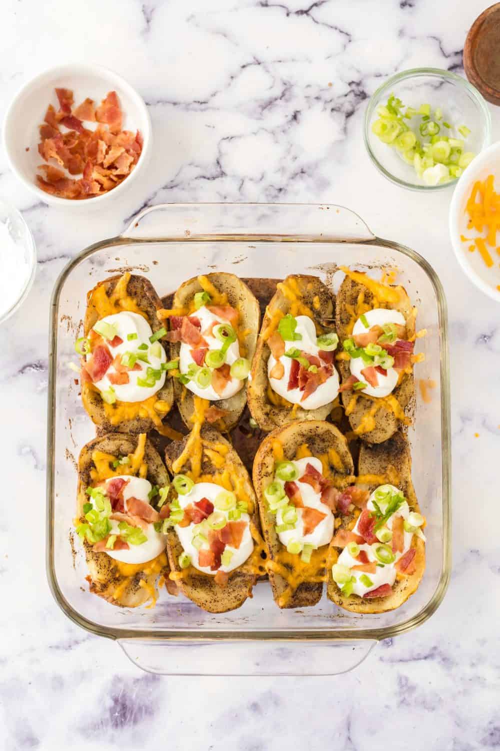 baked potato skins lined in a casserole dish