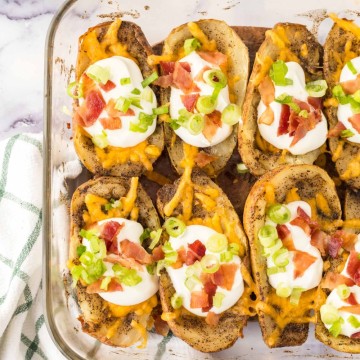 baked potato skins lined in a casserole dish